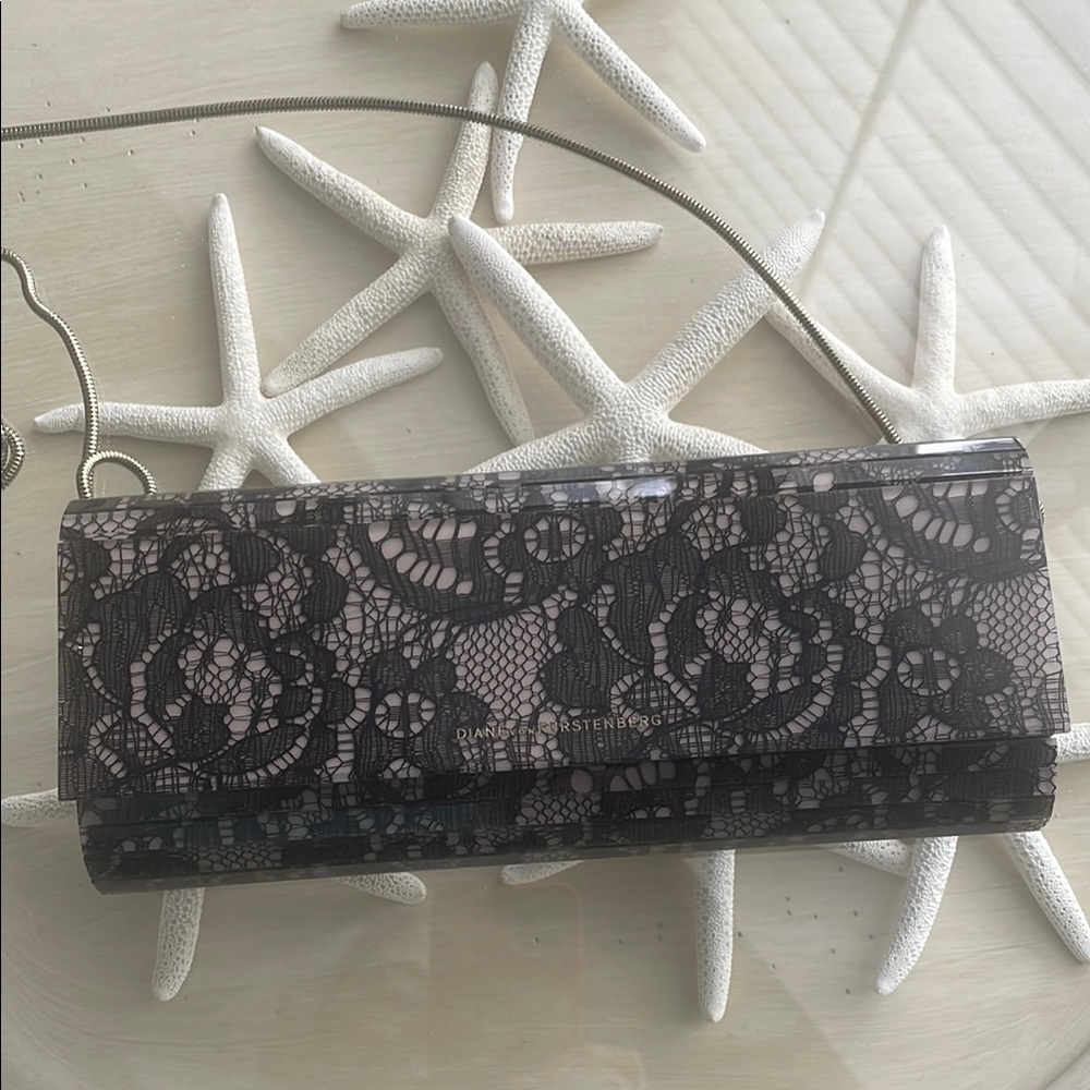 Diane Von Furstenberg Twilight laminated Black Floral Lace Clutch